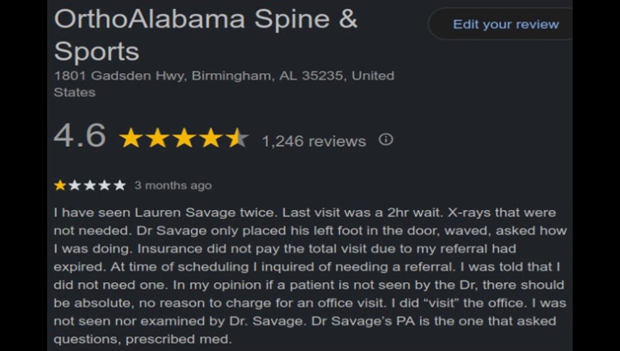 OrthoAlabama Patients Report $300 "Office Visit" Charge & Never Seeing An MD At All!