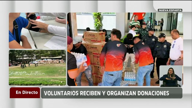 Voluntarios reciben y organizan donaciones que llegan al centro de apoyo de la Gobernación de Nueva Esparta