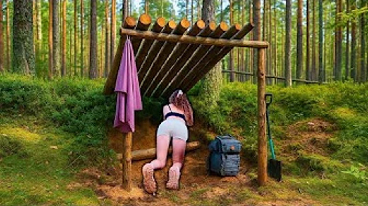 A young Girl in the Wild🌲✨My First Day Building a Forest Cabin 😱 PART 1 ❤️ #survival #bushcraft