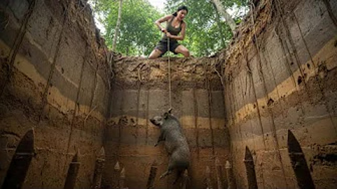 Survival Gone Wrong: Half Kneeling Over a Deep Trap Fighting a Heavy Wild Boar
