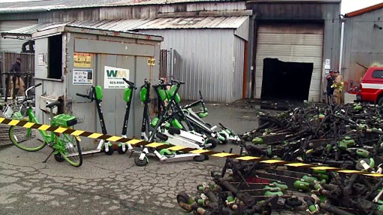 RAW Video_ Hundreds of Lime bikes, scooters charred in Spokane Valley fire