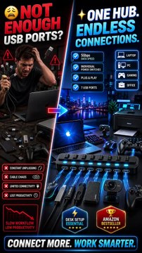 USB Hub 7 Port USB 3.0 Splitter | 5Gbps High-Speed Hub with LED Switches for PC Laptop Mac PS5 Xbox