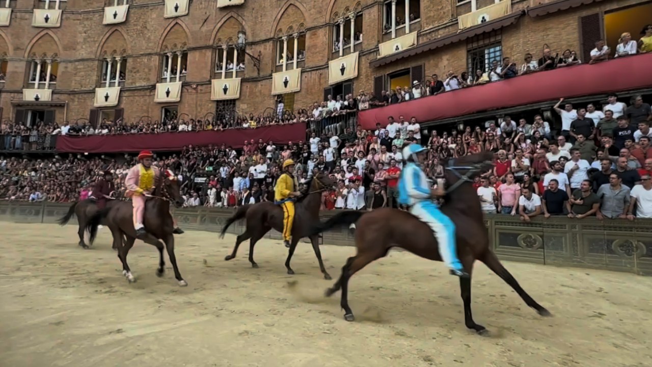 Palio di Siena, le immagini delle prove generali: l'ingresso dei cavalli e il primo giro