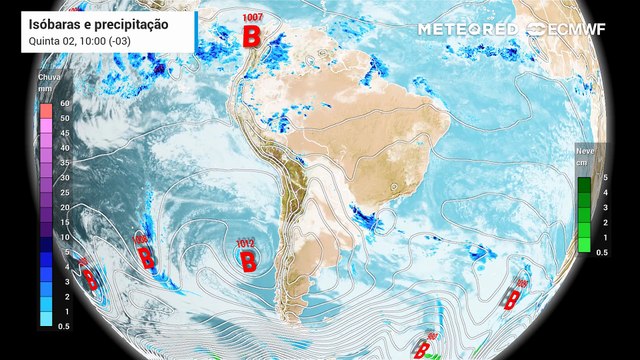 Quinta-feira, 2 de julho: Previsão de precipitação e isóbaras (linhas de pressão)
