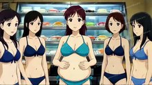 5人のビキニの水着姿の胸の大きなかわいい日本人女子大生が回転寿司でお寿司を食べ過ぎてお腹がパンパンではちきれそうで前にも横にも膨れていて他の女子大生の大きなお腹をお互いに触ろうとしている