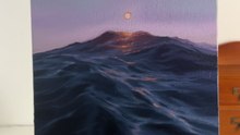 Artist captures the serene sunset over an ocean on a canvas with oil paints