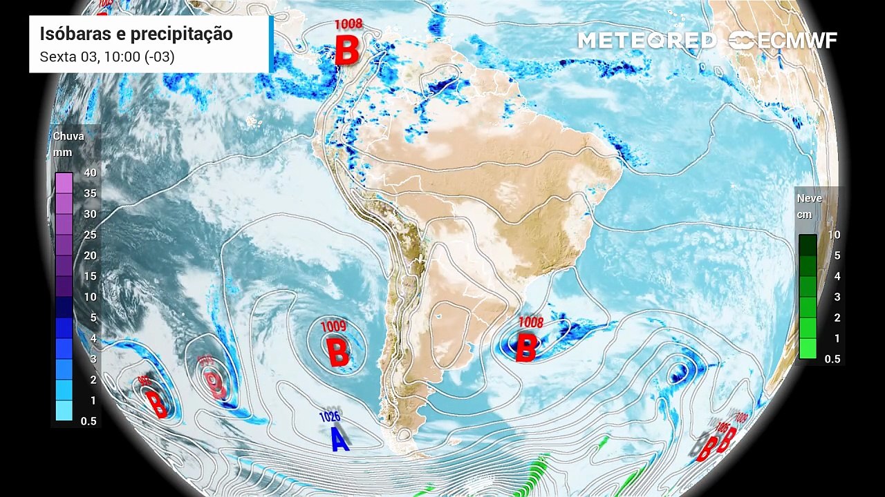 Sexta-feira, 3 de julho: Previsão de precipitação e isóbaras (linhas de pressão)