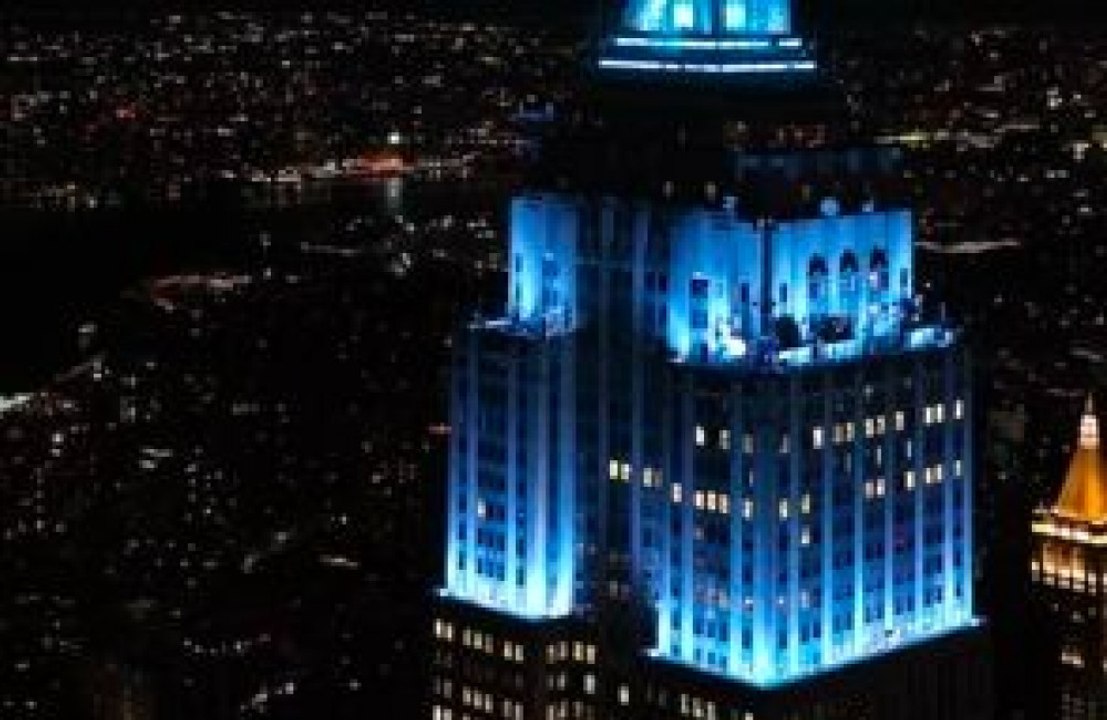 The Empire State Building lit up blue in honour of Taylor Swift and Travis Kelce's wedding