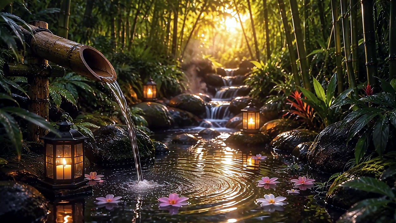 Calm Piano Music with Gentle Bamboo Water Sounds | Deep Sleep, Meditation, Stress Relief & Focus