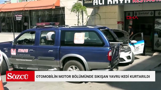 Otomobilin motor bölümünde sıkışan yavru kedi kurtarıldı