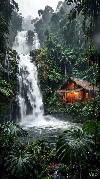 Cabin by the Waterfall During a Tropical Storm 🌧️🏡