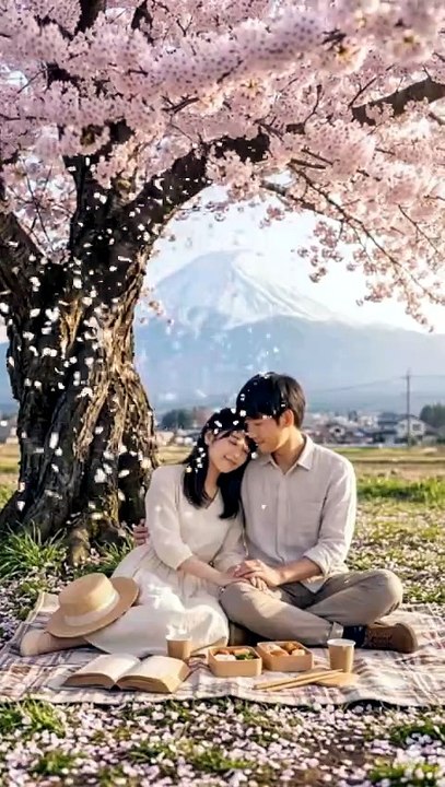 Japanese couple spending weekend in a cherry orchard.