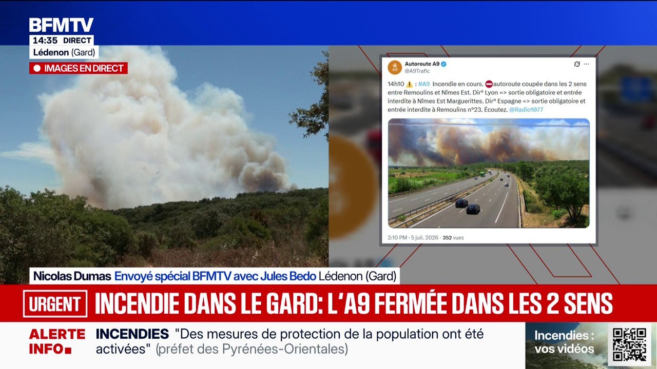 Incendie dans le Gard: l'autoroute A9 fermée dans les deux sens