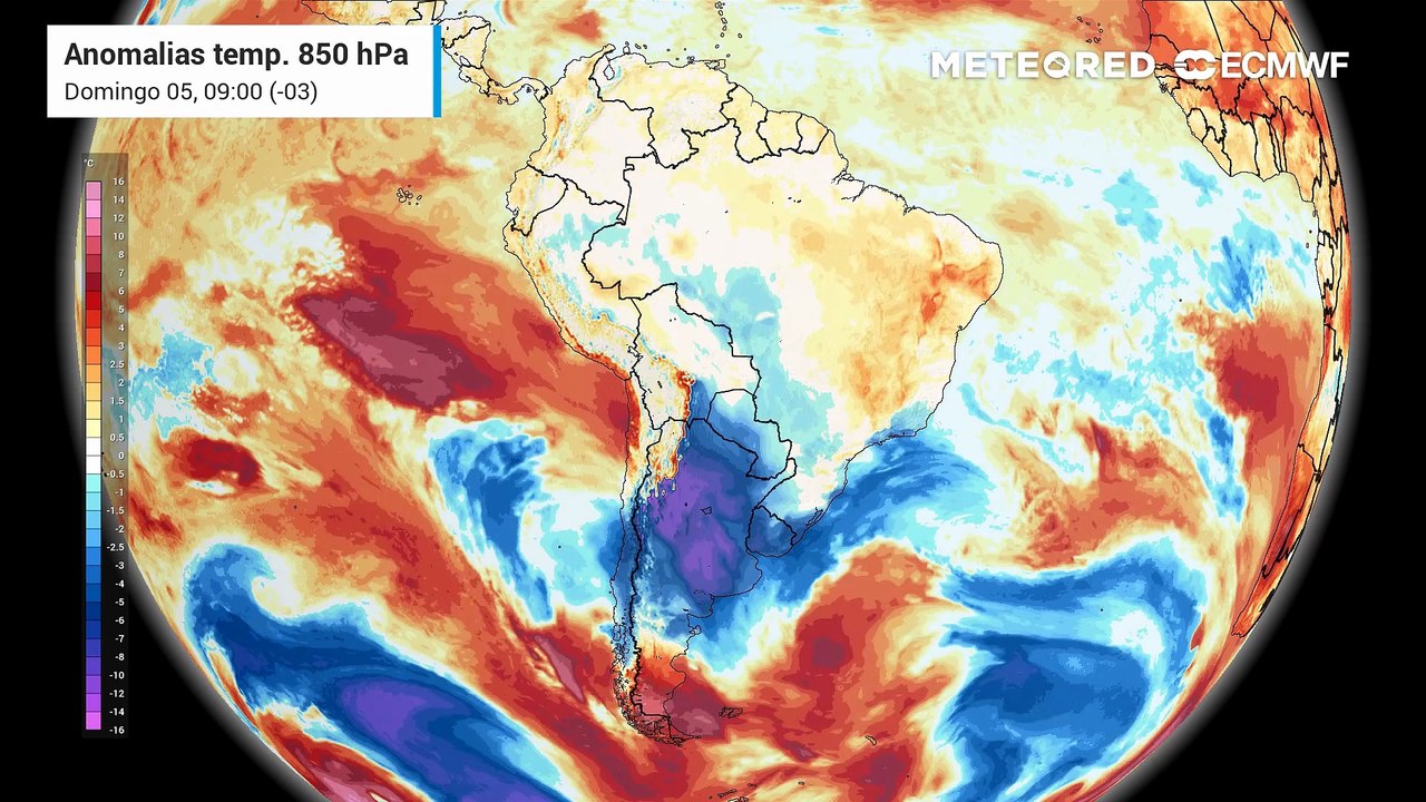 Domingo, 5 de julho: anomalia de temperaturas em 850 hPa (massas de ar)
