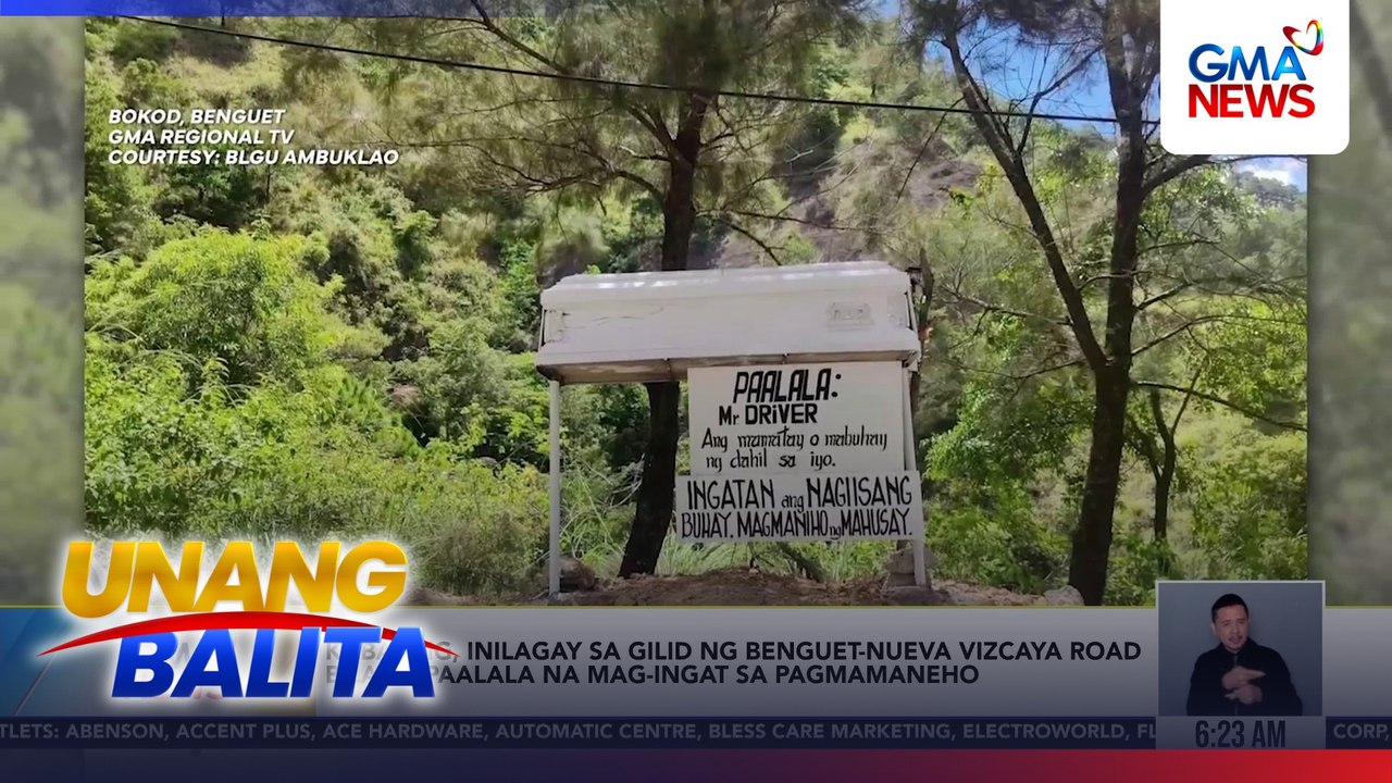 Kabaong, inilagay sa gilid ng Benguet-Nueva Vizcaya Road bilang paalala na mag-ingat sa pagmamaneho | Unang Balita