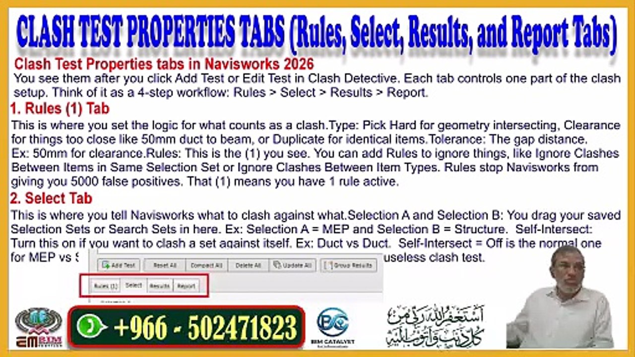 CLASH TEST PROPERTIES TABS (Rules, Select, Results, and Report Tabs)