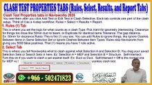 CLASH TEST PROPERTIES TABS (Rules, Select, Results, and Report Tabs)