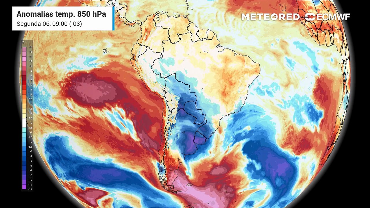 Segunda-feira, 6 de julho: Anomalia de temperatura em 850 hPa.