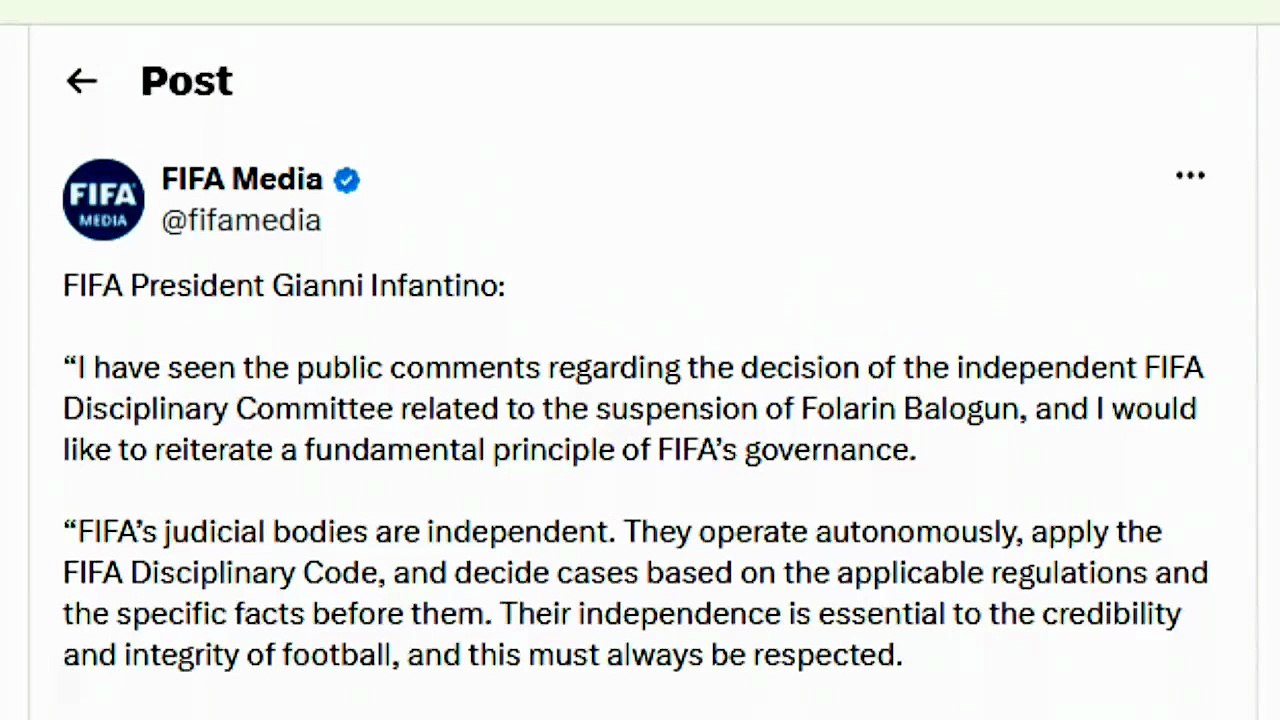 FIFA admite que recibió la llamada de Trump por la roja de Balogun