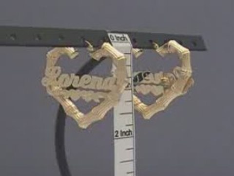 14K Gold Personalized Name Heart Bamboo Earrings 2 Inch