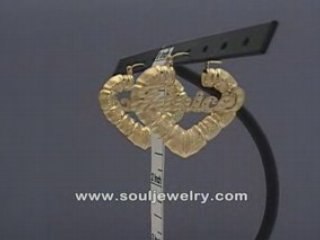 10K Gold Personalized Name Puffy Heart Bamboo Earring 1 1/2"