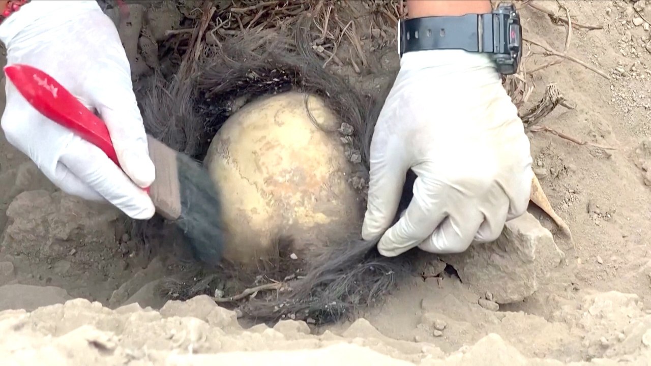 Five ancient mummies unearthed at the 3,500-year-old Huaca La Florida near Lima.
