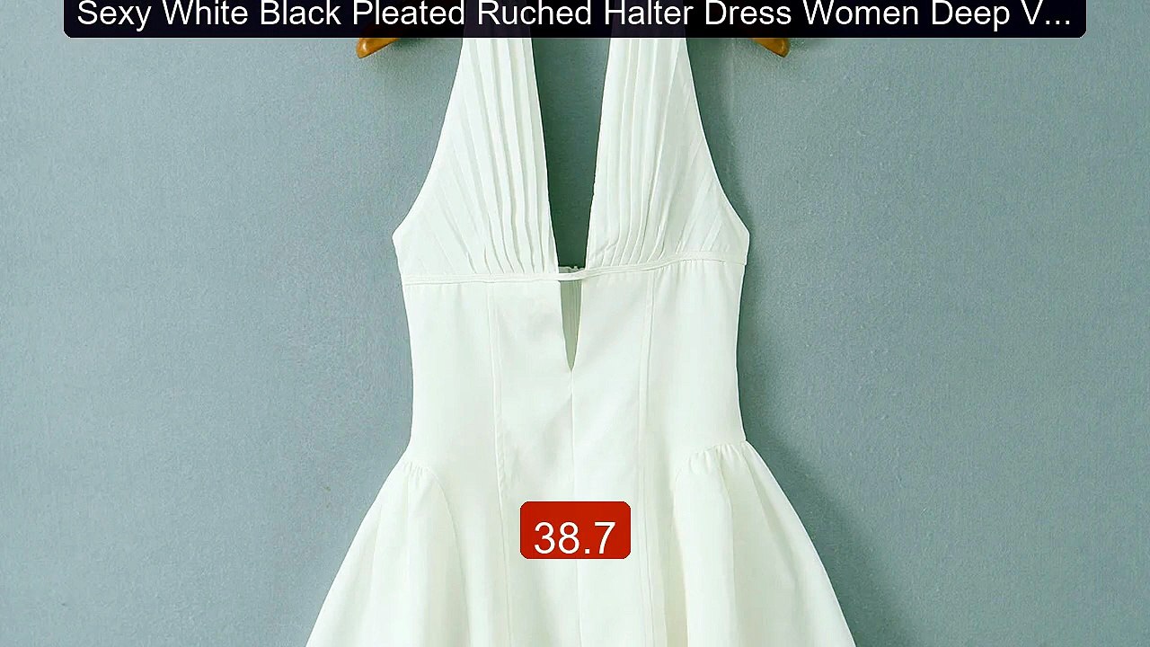 Sexy White Black Pleated Ruched Halter Dress Women Deep V neck Sli... -- Best Deal 2026 | Shop Now!