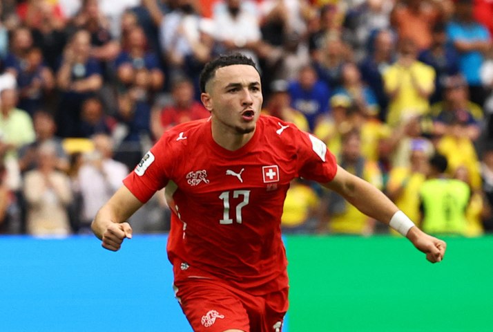 Swiss goalkeeper Yann Kobel during a tense moment in the FIFA World Cup match