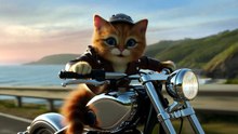 Gatinho feliz andando de moto