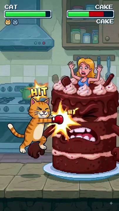 Cat versus giant chocolate cake and save women