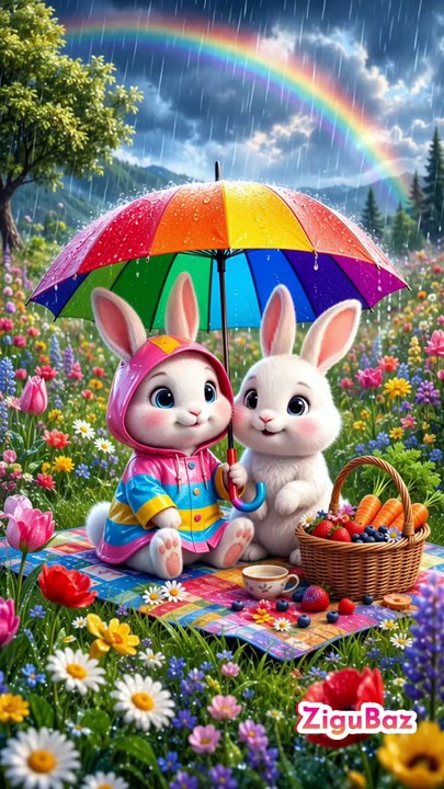 🐰 The Cutest Baby Bunny Rain Adventure Ever! 🌈 Magical Rainbow Picnic Under a Colorful Umbrella | Cute 3D Animated Kids Video in 4K Ultra HD #3DAnimation #Rainbow #CuteAnimals #ZiguBza ZiguBza