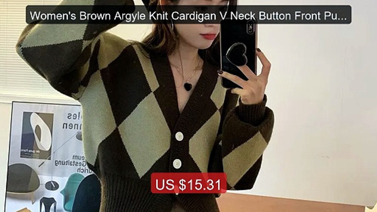 Women's Brown Argyle Knit Cardigan V Neck Button Front Puff... -- Top Pick 2026 | Unbeatable Price!
