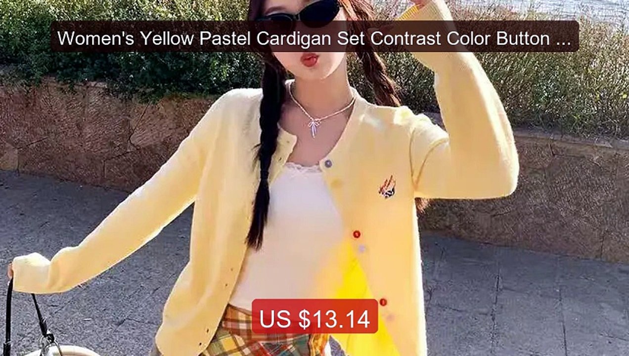 Women's Yellow Pastel Cardigan Set Contrast Color Button Knit ... -- Hot Deal 2026 | Limited Offer!