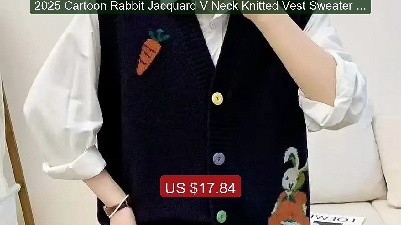 2025 Cartoon Rabbit Jacquard V Neck Knitted Vest Sweater Women Autu... -- Top Rated 2026 | Buy Now!