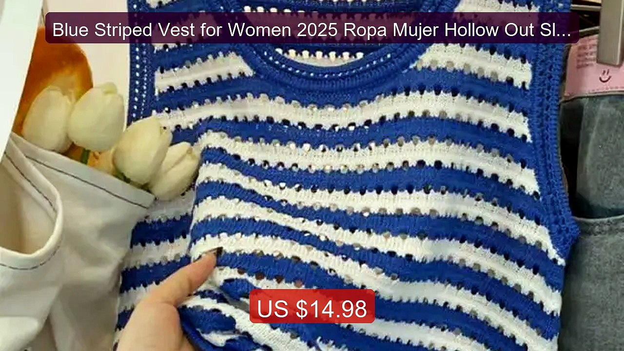 Blue Striped Vest for Women 2025 Ropa Mujer Hollow Out Slee... -- Top Pick 2026 | Unbeatable Price!