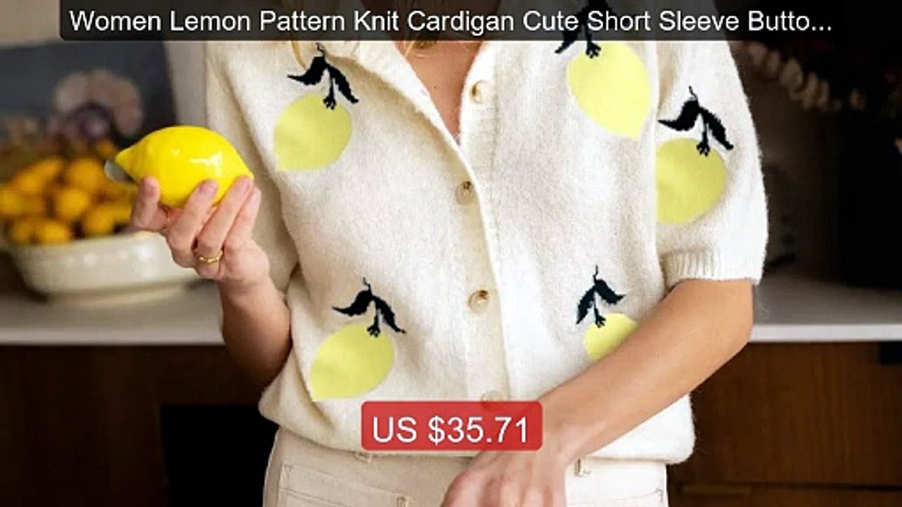 Women Lemon Pattern Knit Cardigan Cute Short Sleeve Button Down Swe... -- Top Rated 2026 | Buy Now!