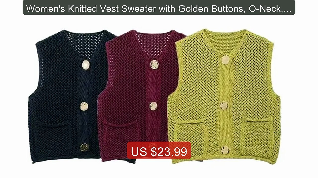 Women's Knitted Vest Sweater with Golden Buttons, O-Neck, Sle... -- Amazing Value 2026 | Must Have!