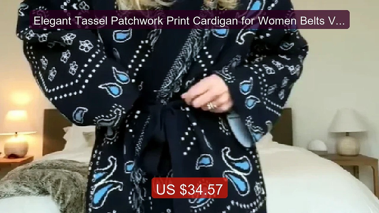 Elegant Tassel Patchwork Print Cardigan for Women Belts V-neck Lon... -- Best Deal 2026 | Shop Now!