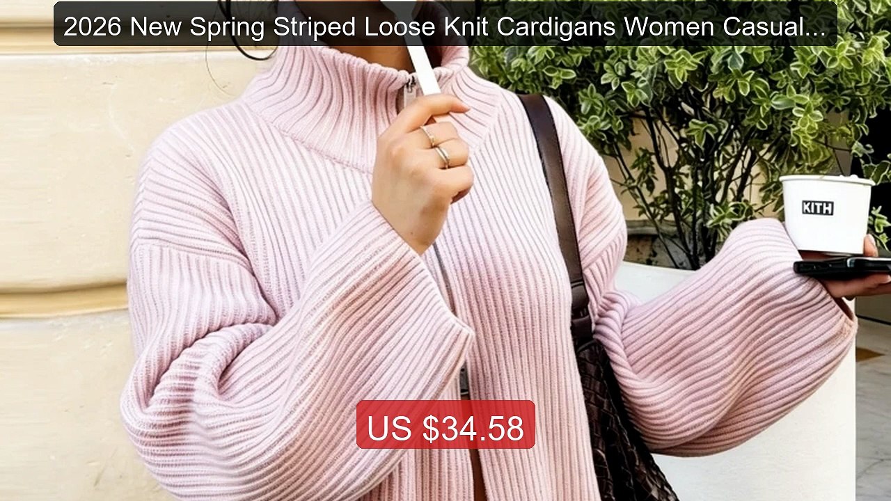 2026 New Spring Striped Loose Knit Cardigans Women Casual Turtlenec... -- Top Rated 2026 | Buy Now!
