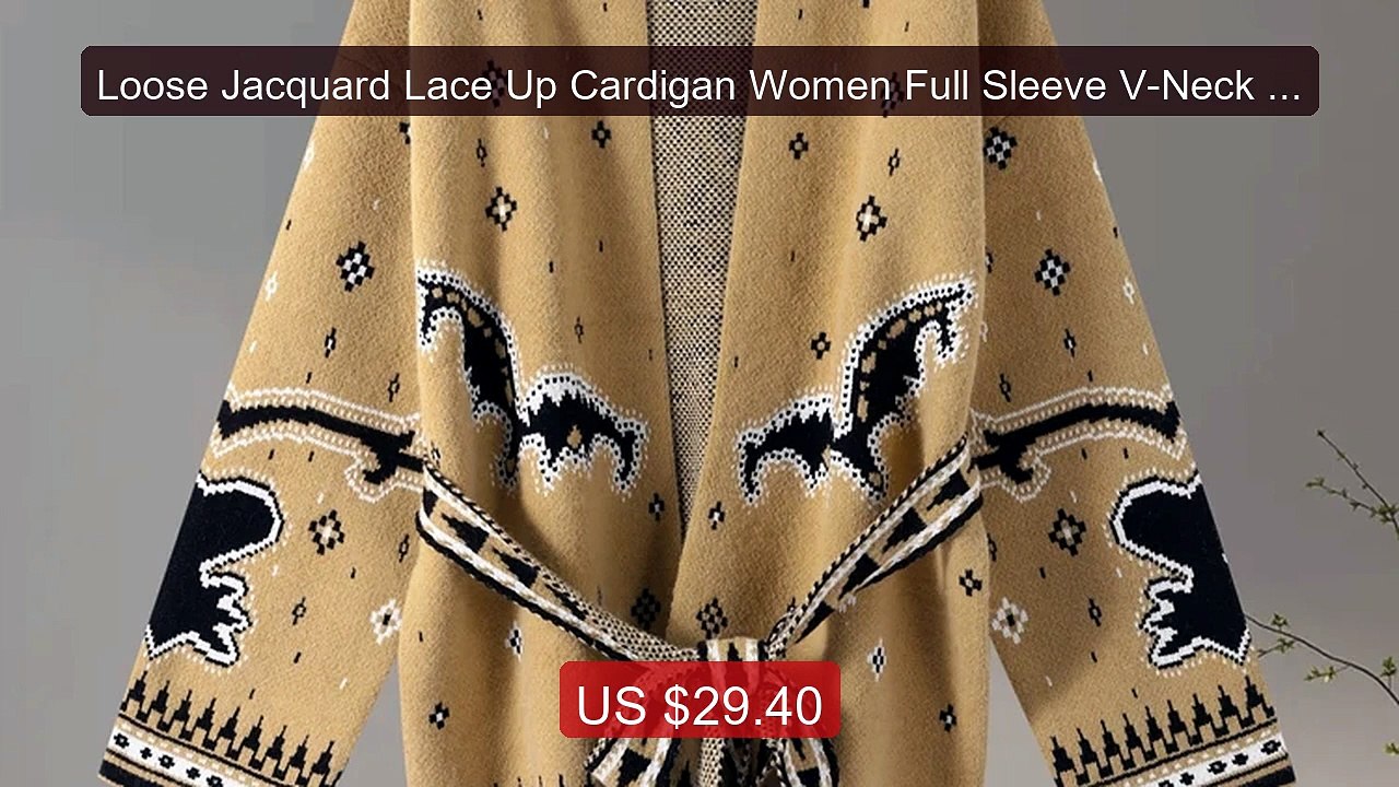 Loose Jacquard Lace Up Cardigan Women Full Sleeve V-Neck Lady Sweat... -- Top Rated 2026 | Buy Now!