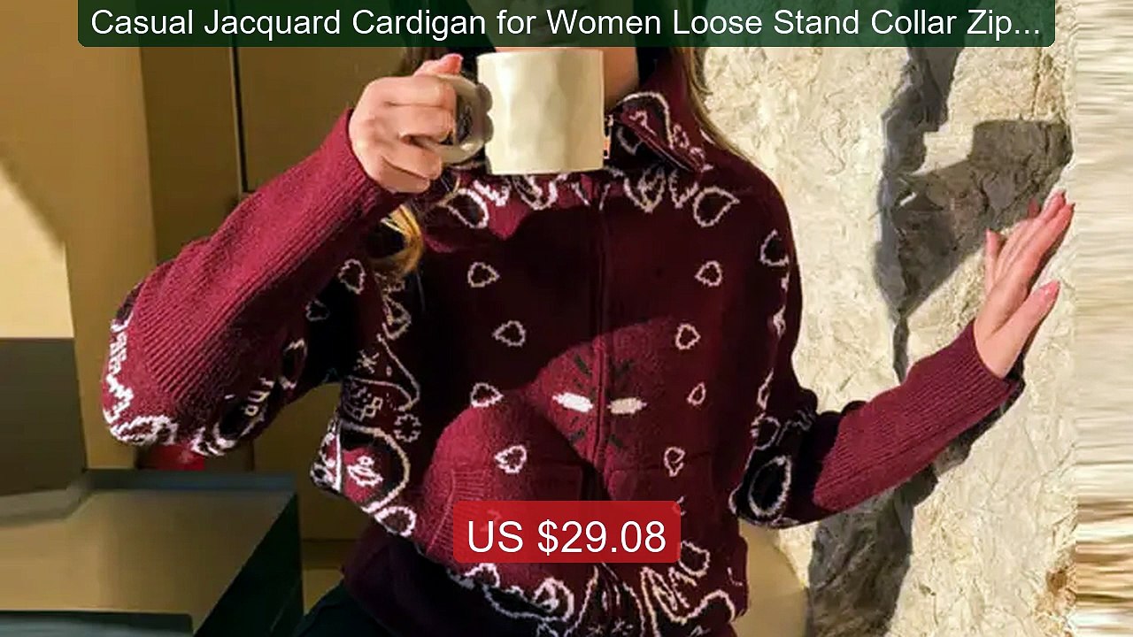 Casual Jacquard Cardigan for Women Loose Stand Collar Zipper P... -- Hot Deal 2026 | Limited Offer!