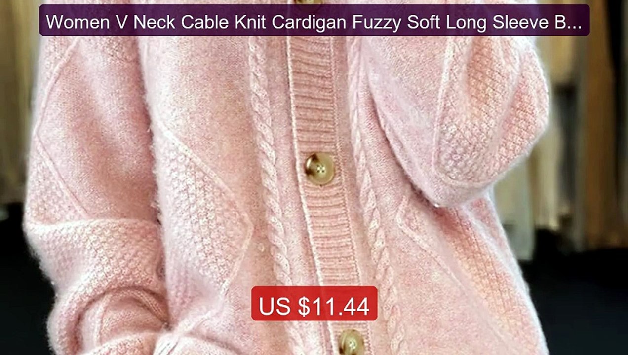 Women V Neck Cable Knit Cardigan Fuzzy Soft Long Sleeve Button Down... -- Top Rated 2026 | Buy Now!