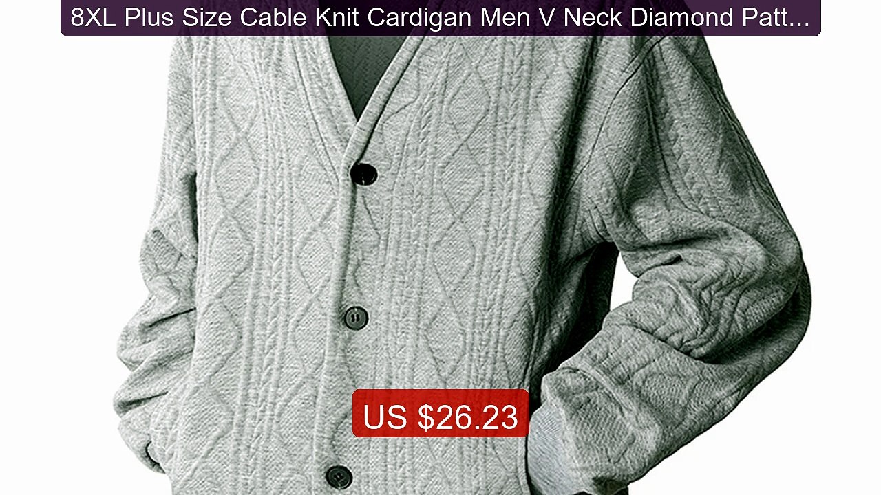 8XL Plus Size Cable Knit Cardigan Men V Neck Diamond Pattern ... -- Amazing Value 2026 | Must Have!