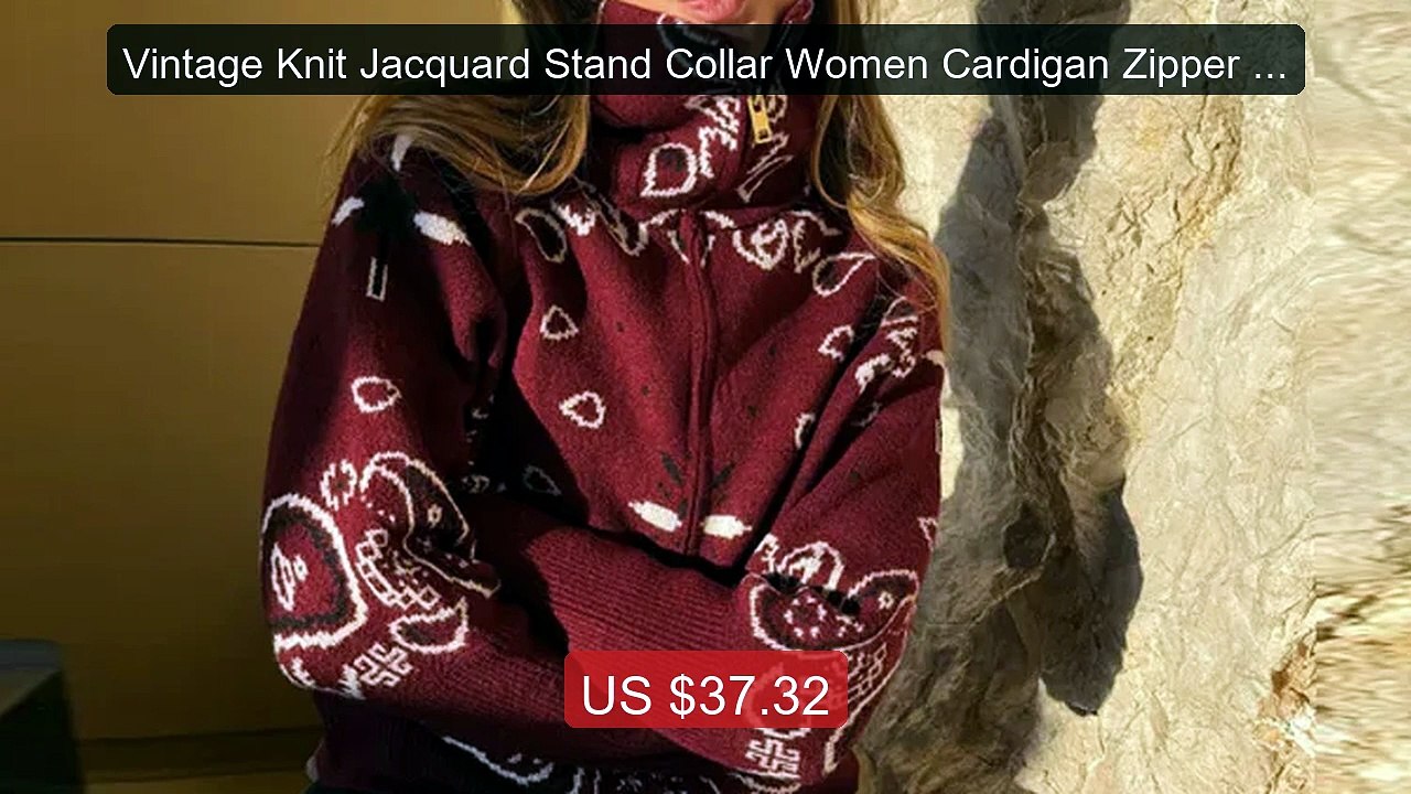 Vintage Knit Jacquard Stand Collar Women Cardigan Zipper Full ... -- Best Buy 2026 | Great Quality!
