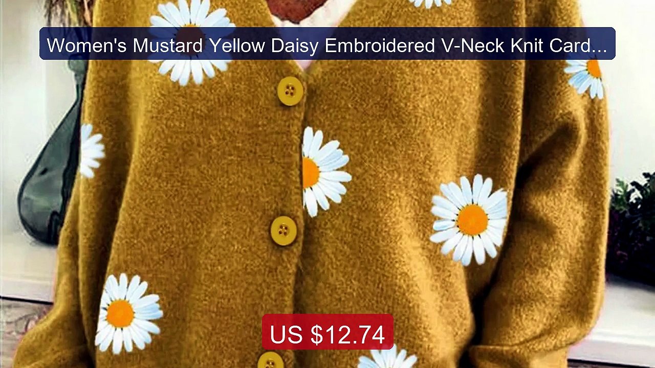 Women's Mustard Yellow Daisy Embroidered V-Neck Knit Cardigan ... -- Hot Deal 2026 | Limited Offer!