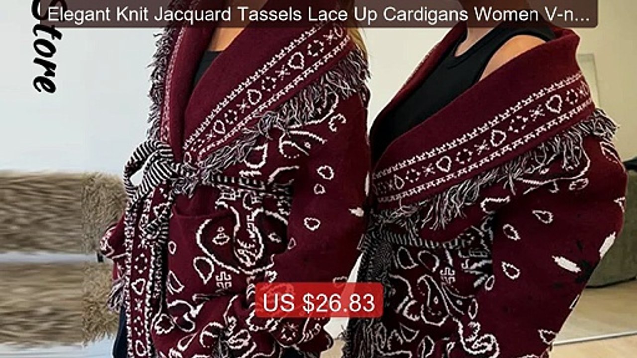 Elegant Knit Jacquard Tassels Lace Up Cardigans Women V-neck F... -- Best Buy 2026 | Great Quality!