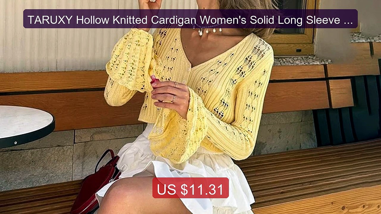 TARUXY Hollow Knitted Cardigan Women's Solid Long Sleeve V Nec... -- Hot Deal 2026 | Limited Offer!