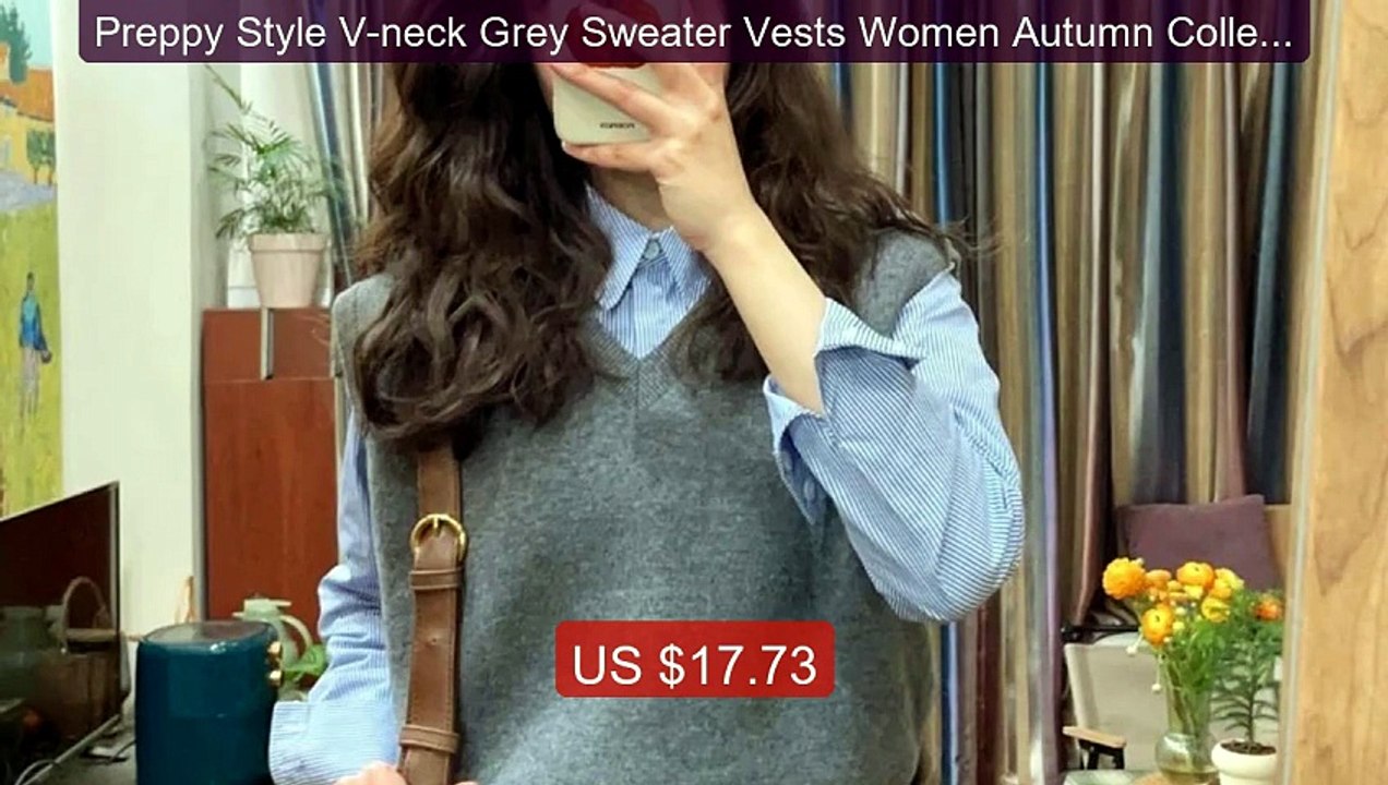 Preppy Style V-neck Grey Sweater Vests Women Autumn College Vintage... -- Top Rated 2026 | Buy Now!