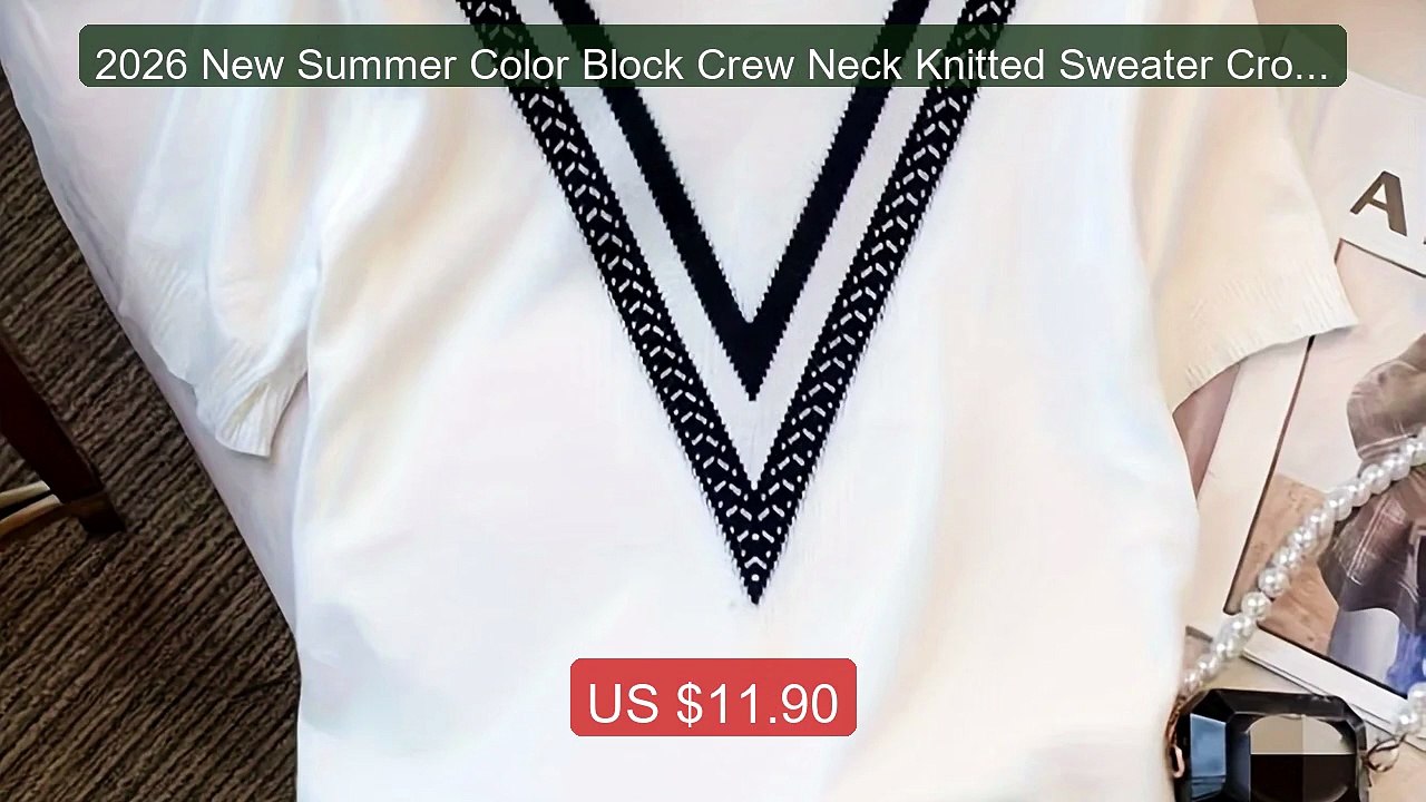 2026 New Summer Color Block Crew Neck Knitted Sweater Crop To... -- Amazing Value 2026 | Must Have!