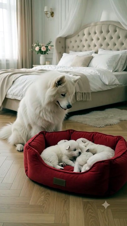 Dog Samoyed Puppies With Mother